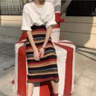 Elbow-sleeve T-shirt / Striped Midi Knit Skirt