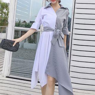 Elbow-sleeve Striped Panel Asymmetrical Shirtdress
