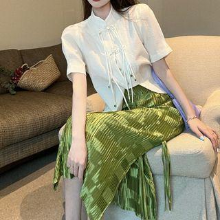 Mandarin Collar Lace-up Blouse / Midi Pencil Skirt