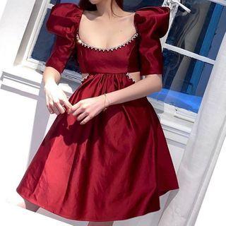 Puff-sleeve Rhinestone A-line Dress