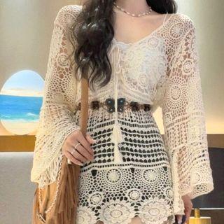 Long-sleeve Crochet Knit Top / Butterfly Belt