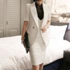 Set: Pinstriped Short-sleeve Blazer + Sleeveless Deep V-neck Sheath Dress