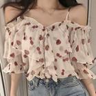 Open Shoulder Printed Ruffle Mesh Top Light Almond - One Size