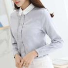 Floral Embroidered Contrast Collar Long-sleeve Shirt