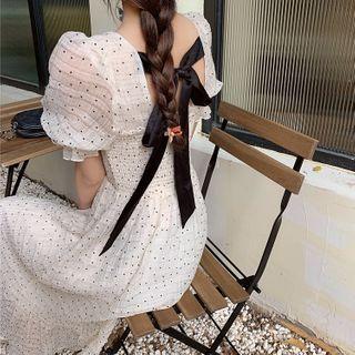 Puff-sleeve Dotted A-line Midi Dress As Shown In Figure - One Size