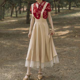 Set: Floral Short-sleeve Blouse + High Waist Midi Suspender Skirt