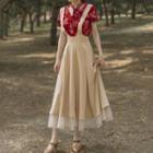 Set: Floral Short-sleeve Blouse + High Waist Midi Suspender Skirt