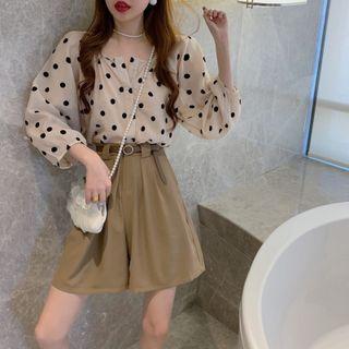 Puff-sleeve Polka Dot Shirt / High-waist Wide-leg Shorts