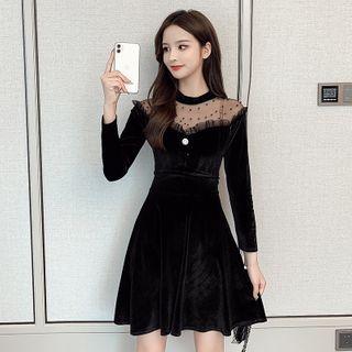 Dotted Mesh Panel Velvet Mini A-line Dress