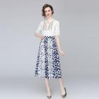 Set: Short-sleeve Embroidered Blouse + Floral Print Midi Skirt