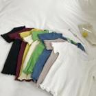 Plain Ruffled-trim Slim-fit Short-sleeve Knit Top