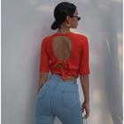 Open-back Elbow-sleeved Knit Top