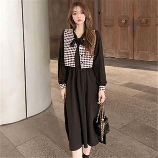 Set: Long-sleeve Tie-neck A-line Midi Dress + Houndstooth Vest
