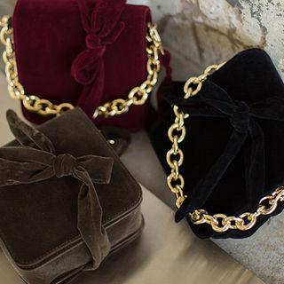 Chain-handle Beribboned Velvet Shoulder Bag