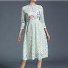 Embroidered 3/4 Sleeve Midi Lace Dress