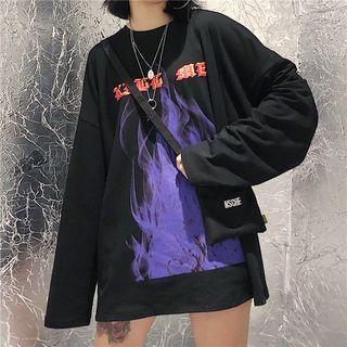 Long-sleeve Flame Print T-shirt Black - One Size