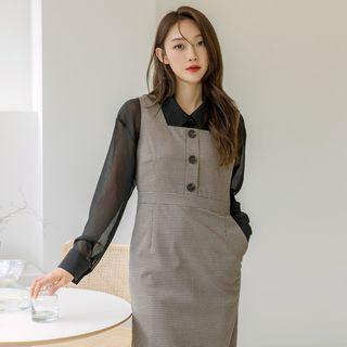 Square-neck Houndstooth Long Pinafore Dress