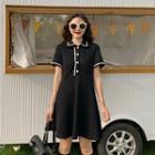 Short-sleeve Faux-pearl Polo Shirt Dress Black - One Size