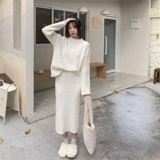 Set: Crew-neck Ribbed Knit Top + Ribbed Knit Semi Skirt White - One Size