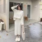 Set: Crew-neck Ribbed Knit Top + Ribbed Knit Semi Skirt White - One Size