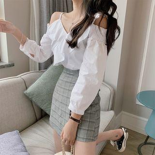 3/4-sleeve Asymmetric Cold Shoulder Ruffled Top As Shown In Figure - One Size