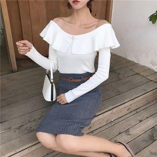 Ruffle Trim Off Shoulder Long Sleeve Knit Top