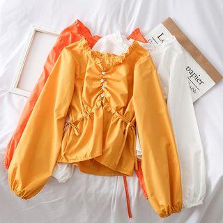 Drawstring-waist Ruffled-trim Plain Blouse