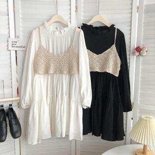 Stand-collar Puff-sleeve Ruched Dress + Cutout Suspender