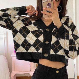 Long Sleeve V-neck Argyle Print Crop Cardigan