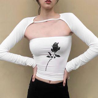 Set: Rose Print Tube Top + Long-sleeve Shrug