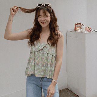 Sleeveless Fold-over Flared Floral Top Green - One Size