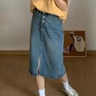 Washed Slit-hem Midi Pencil Denim Skirt