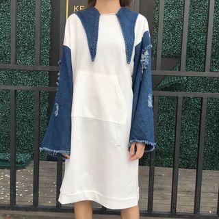 Denim Panel Distressed Hooded Dress