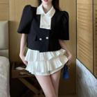 Elbow-sleeve Collar Double-breasted Jacket / Layered Mini A-line Skirt