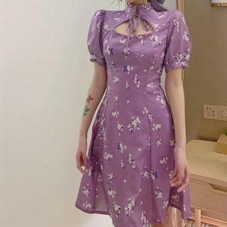 Puff-sleeve Cutout Floral Chiffon A-line Mini Qipao Dress