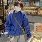 Plain Stand-collar Fleece-lined Long-sleeve Top Blue - One Size