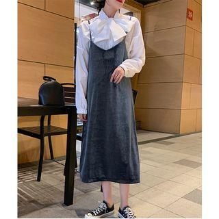Set: Tie-neck Shirt + Spaghetti Strap Midi Velvet Dress