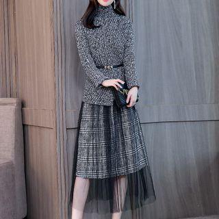 Set: Turtleneck Sweater + Plaid Midi A-line Skirt