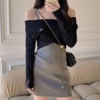 Long-sleeve Off-shoulder Top / Spaghetti Strap Knit Mini Dress