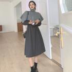 Plain Long-sleeve Dress / Turtle-neck Shawl