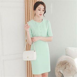 Button-trim Pintuck-detail Sheath Dress