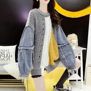 Fringed Denim Panel Sweater Gray - One Size
