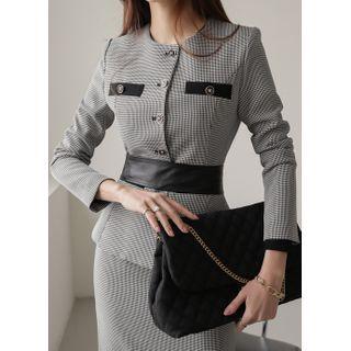 Collared Houndstooth / Plain Peplum Jacket
