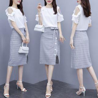 Set: Short-sleeve Cold Shoulder Ruffled Top + Check Midi Pencil Skirt