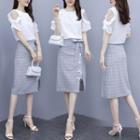 Set: Short-sleeve Cold Shoulder Ruffled Top + Check Midi Pencil Skirt