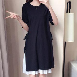 Set: Short-sleeve Side-tie T-shirt Dress + Accordion Pleat Dress