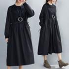 Plain Drawstring-waist Midi A-line Dress Black - One Size