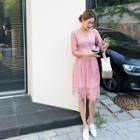 Elbow-sleeve Lace-overlay Dress Pink - One Size