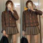 Plaid Blazer / Mini A-line Pleated Skirt / Long-sleeve Shirt