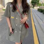 Short-sleeve Double-breasted Mini A-line Dress Army Green - One Size